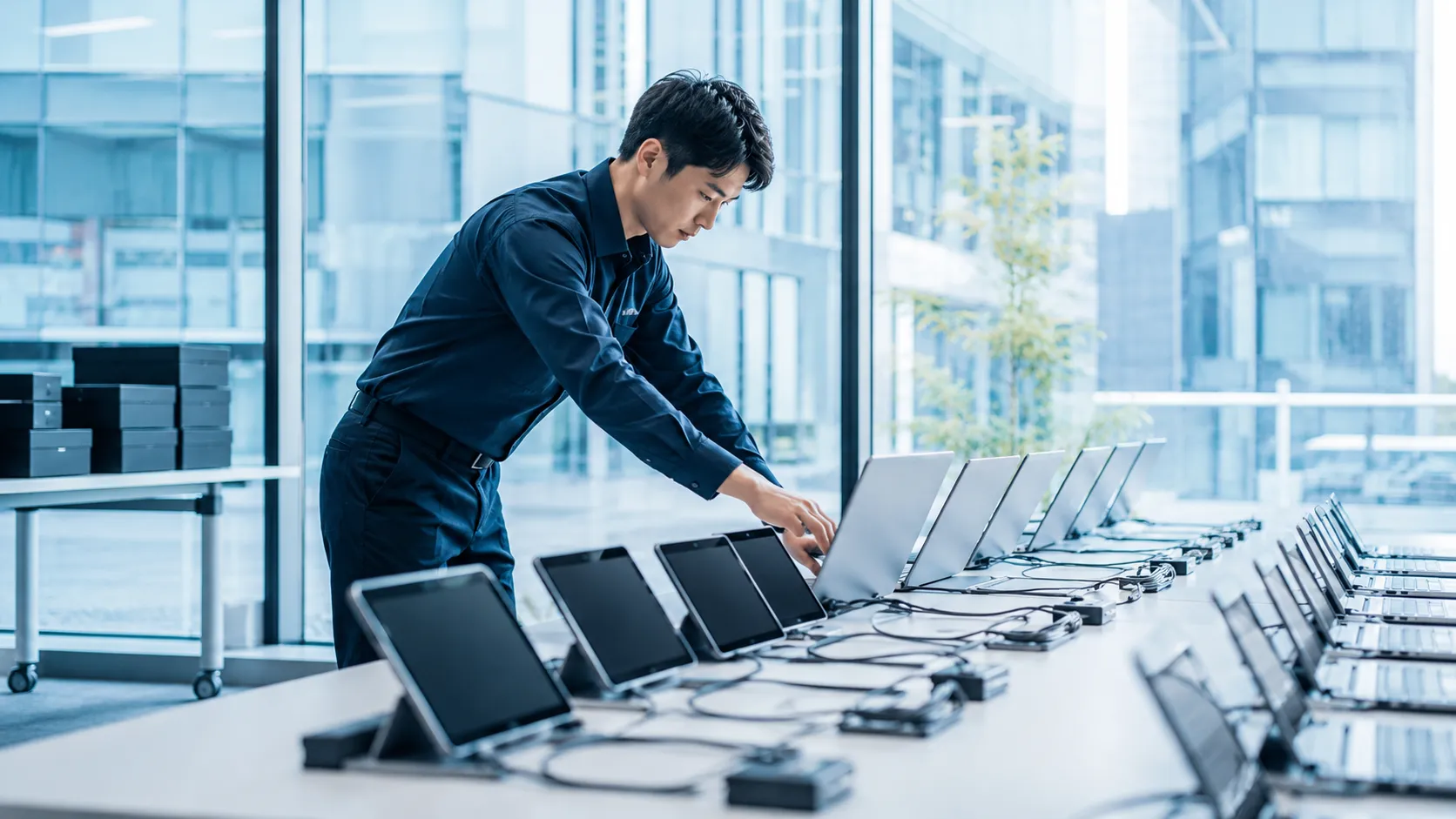 長い机に並んだ大量のノートPC・タブレットを設定するスタッフ
