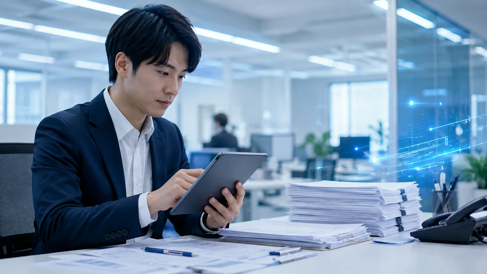 紙の申告書類をタブレットでデジタル処理する担当者