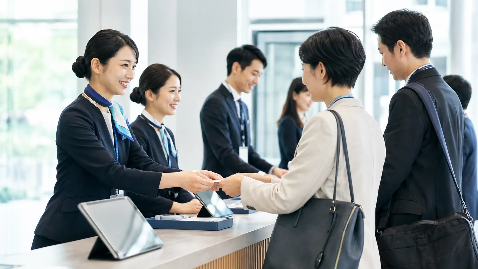 受付で来場者に対応するスタッフ